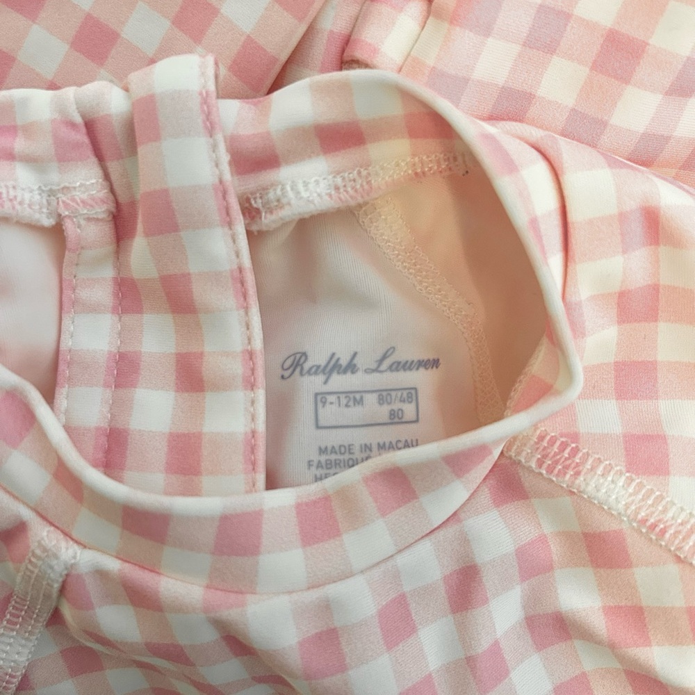 Ralph Lauren Baby Girl Gingham Ruffled One Piece Rash Guard Swimsuit - Picture 3 of 4